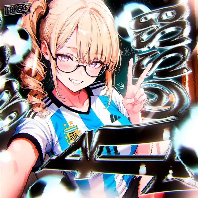 Gold and cyan artwork with a character wearing glasses