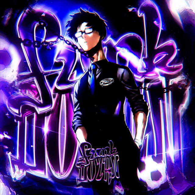 Blue and purple anime artwork with chrome typography