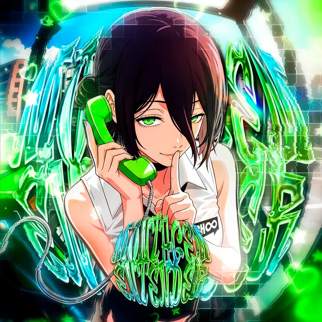 Green and cyan artwork with a character holding a telephone